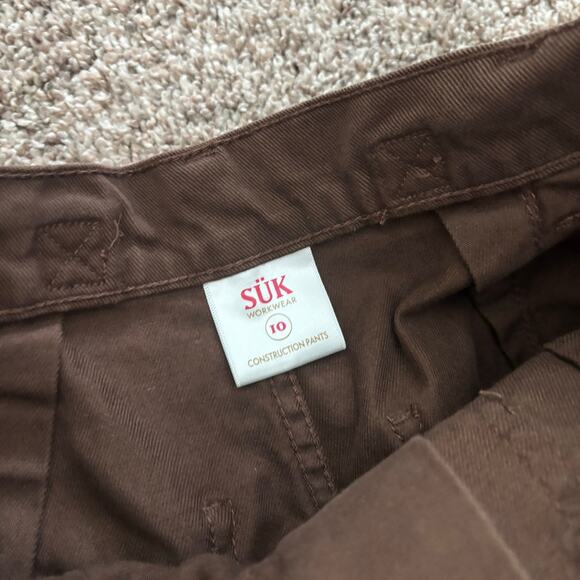 Suk Workwear Women’s Pants Umber Brown Sz 10 Raw Hem Wide Leg Construction - Picture 11 of 16